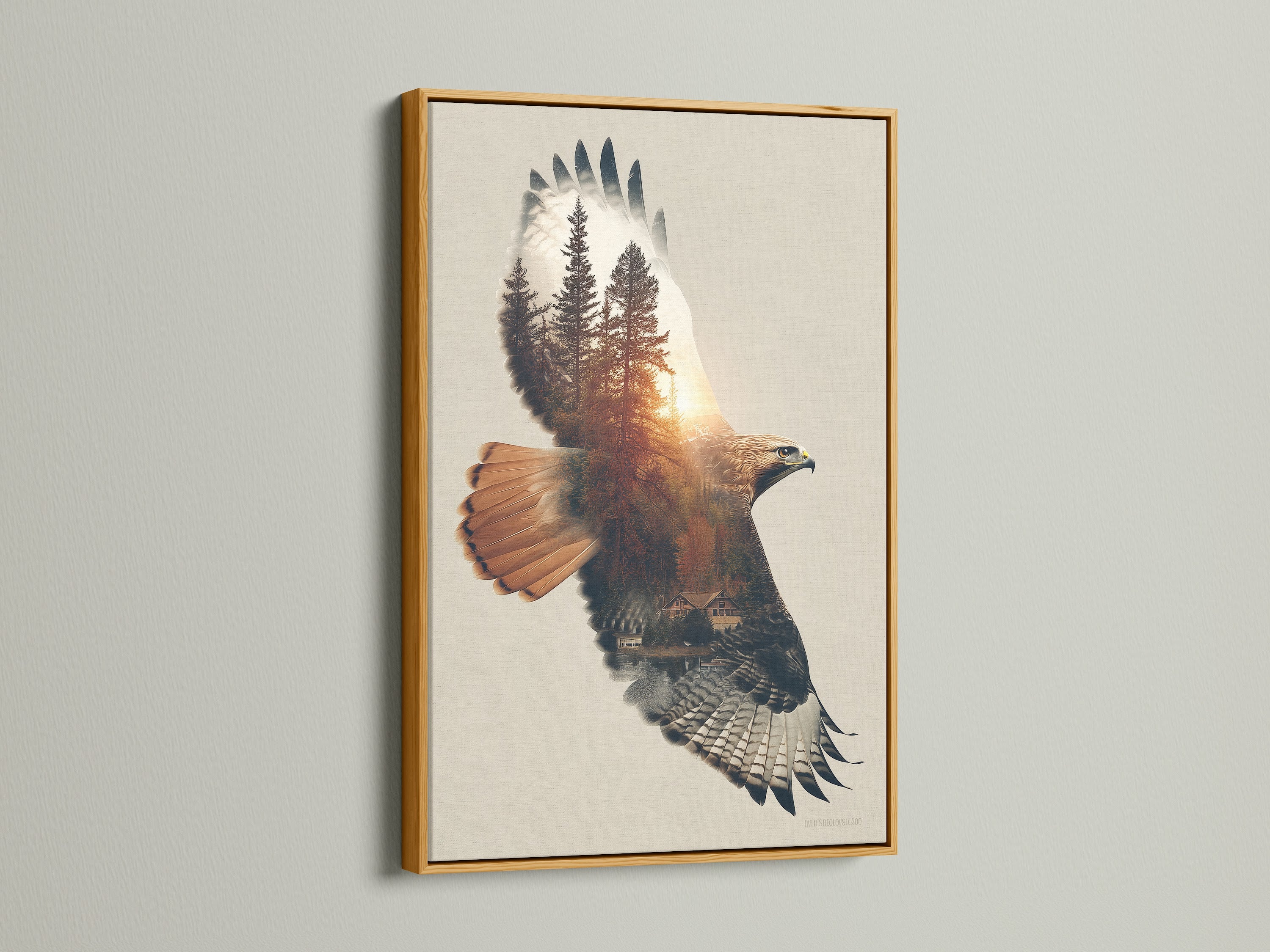 The Eagle Forest artwork print is displayed in a gold frame. This elegant frame enhances the wildlife canvas art. The gold adds a touch of luxury to the forest artwork. A great choice for elevating rustic wall art. Perfect for living rooms or boardrooms. The gold frame is a great complement.