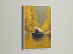 Brighten your space with this wildlife art in a white frame. A bear is depicted in a boat surrounded by a golden forest. The white frame adds a clean modern touch. It is perfect for living room wall art or bedroom wall decor. A thoughtful gift for nature lovers. Enhance your home with this elegant piece.