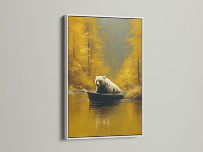Brighten your space with this wildlife art in a white frame. A bear is depicted in a boat surrounded by a golden forest. The white frame adds a clean modern touch. It is perfect for living room wall art or bedroom wall decor. A thoughtful gift for nature lovers. Enhance your home with this elegant piece.