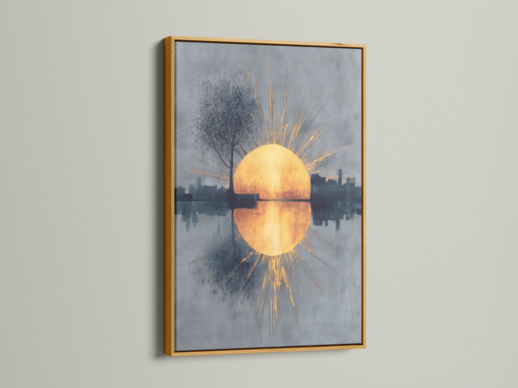 The sunrise reflection artwork is presented in a luxurious gold frame. The golden sun and abstract cityscape exude elegance. This modern wall art piece adds a touch of glamour to your home. A perfect choice for sophisticated decor.