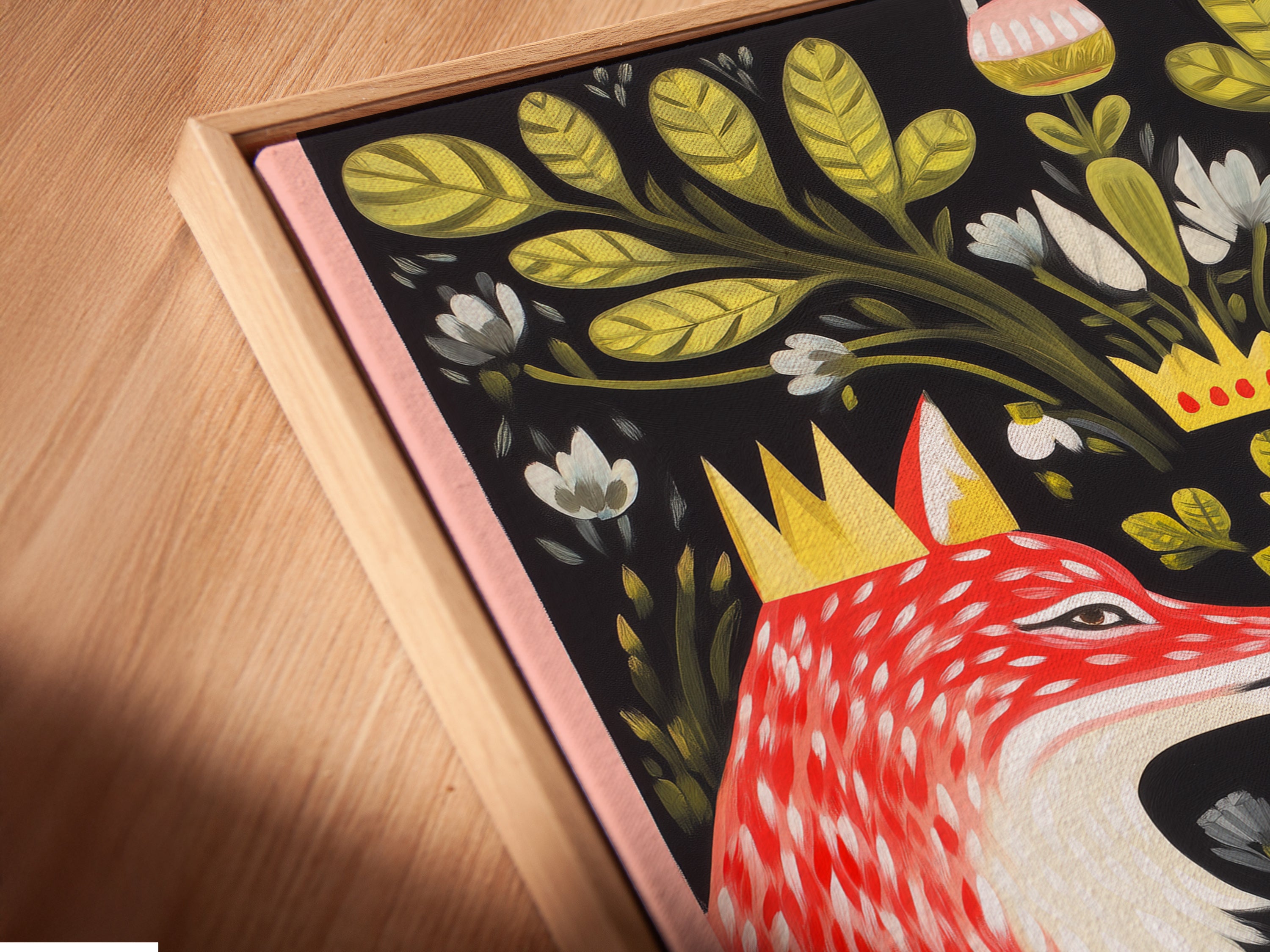 A close-up angled view highlights a canvas print in a floating frame. The Fox Chess artwork is beautifully displayed. The unique framing enhances the art. The red and blue colors pop. This whimsical animal wall art is perfect for any room. It's a statement piece.