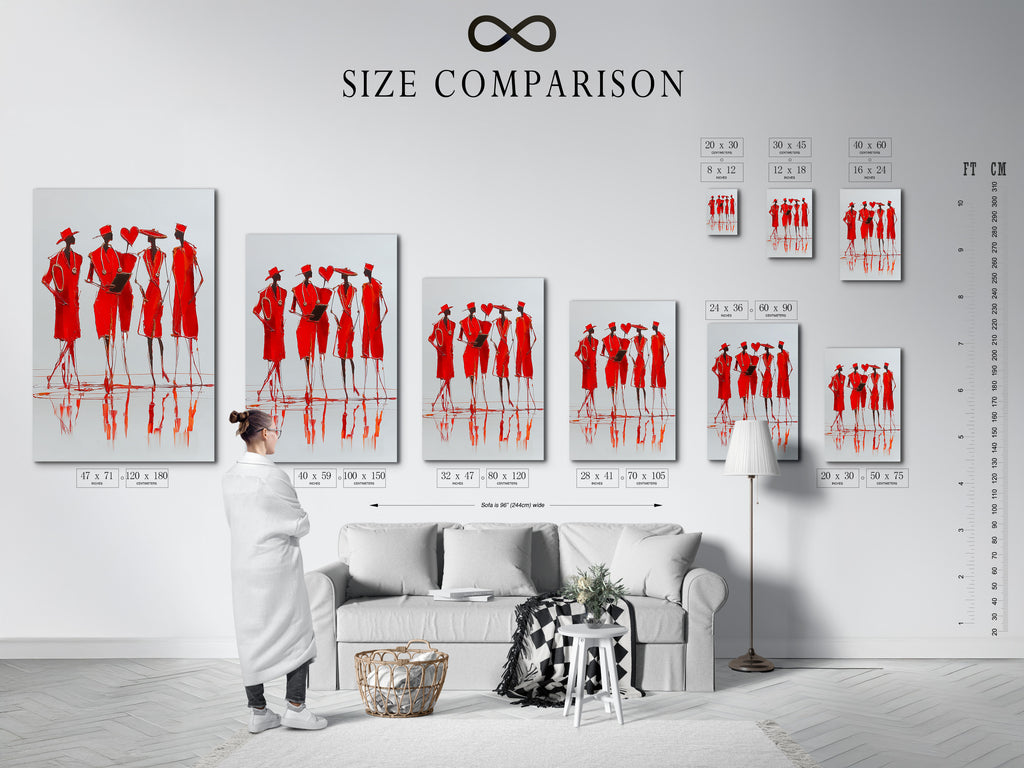 Size comparison chart displayed in an interior setting. The chart helps visualize Red Fashion Sketch Art. See how the contemporary figure drawing fits in clinic wall art or modern home decor.