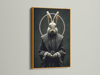 The rabbit monk art is presented in a gold frame. The metallic frame adds a touch of elegance to the gothic artwork. This religious art print is ideal for adding a unique accent. This animal portrait is a statement piece for any room.