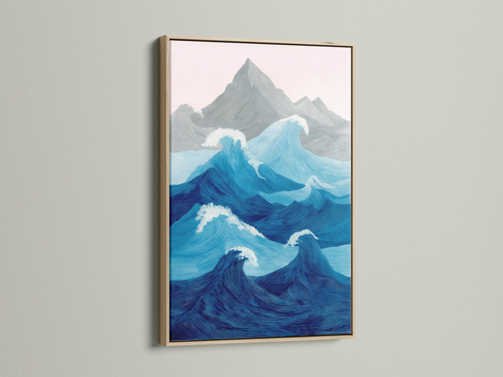 This is an ocean wave artwork in a light oak frame. The frame enhances the beauty of the art. The piece evokes a sense of peace and serenity. This coastal wall art brings the ocean into your living space. The colors are vibrant and calming. It is ideal for bedrooms or living rooms. It creates a relaxing atmosphere