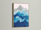 This is an ocean wave artwork in a light oak frame. The frame enhances the beauty of the art. The piece evokes a sense of peace and serenity. This coastal wall art brings the ocean into your living space. The colors are vibrant and calming. It is ideal for bedrooms or living rooms. It creates a relaxing atmosphere
