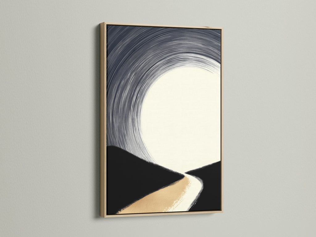 A close-up showcases an oak frame. It elegantly holds a minimalist artwork. The artwork features an abstract landscape in beige black and white. This combination creates a warm and inviting feel. Ideal for minimalist Scandinavian or coastal styled homes.