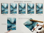 Available options are displayed including a stretched canvas print. Also shown is fine art poster paper and a floating frame. Choose the perfect format for your abstract artwork. Each option enhances the art's unique qualities. Perfect for customizing your modern wall decor.