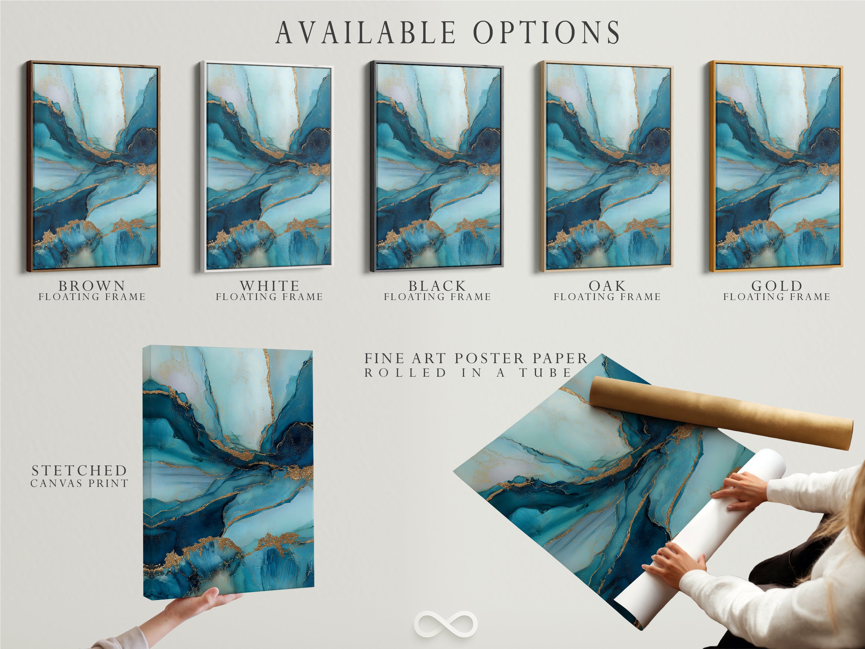 Available options are displayed including a stretched canvas print. Also shown is fine art poster paper and a floating frame. Choose the perfect format for your abstract artwork. Each option enhances the art's unique qualities. Perfect for customizing your modern wall decor.