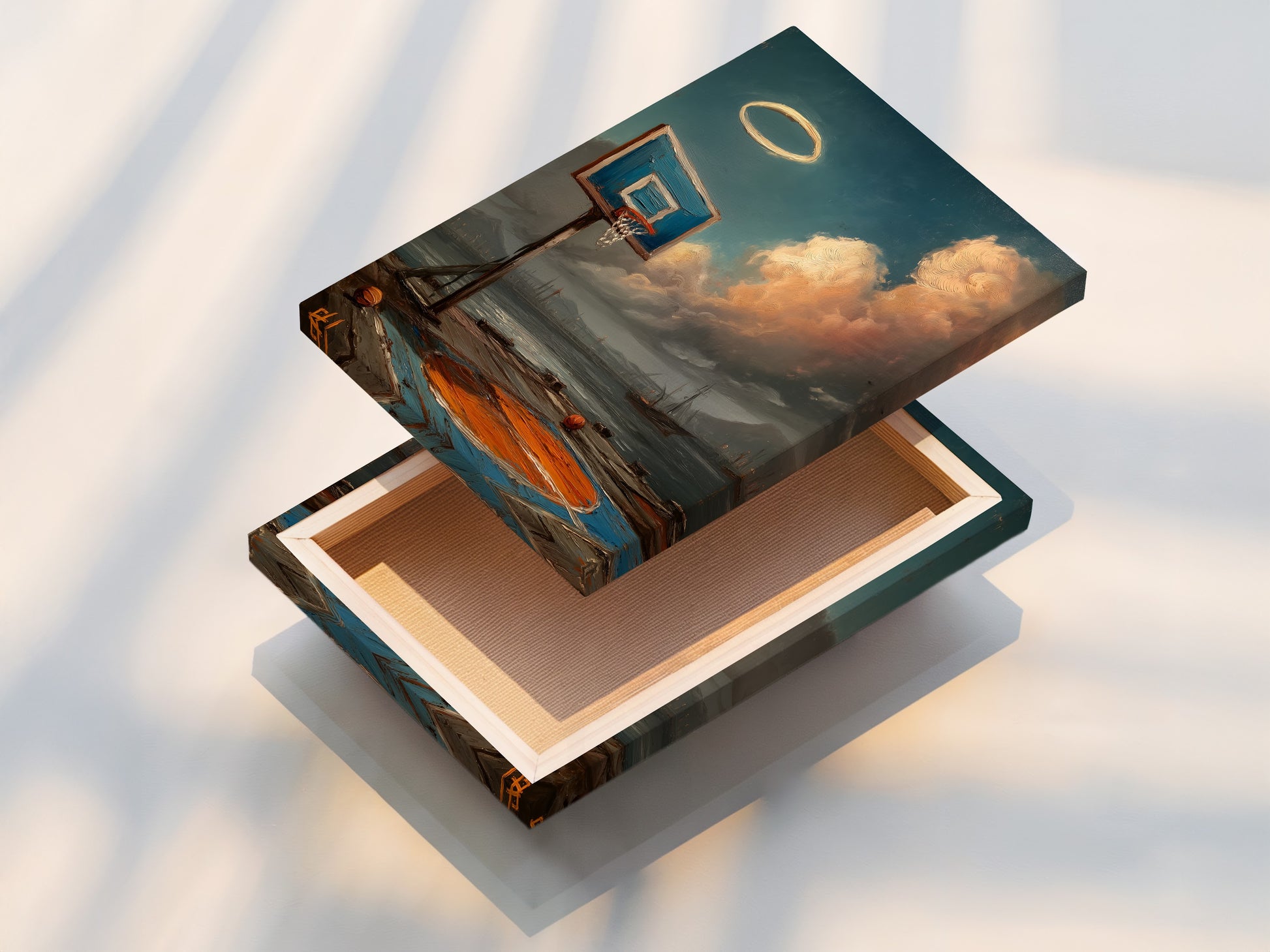 A stretched canvas print of coastal basketball art is shown. This piece is ready to hang and enjoy. Perfect for a man cave or game room wall. The stretched canvas enhances the sporty vibe. An excellent gift for any basketball fan. Transform your space with this canvas print.