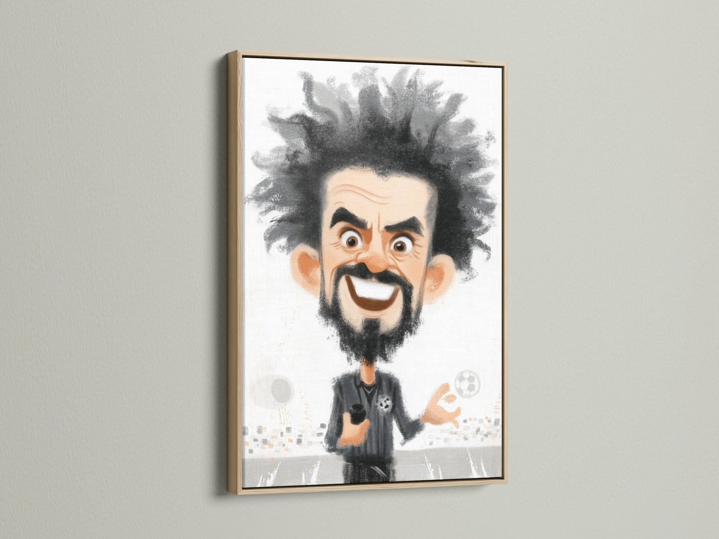 A framed soccer coach caricature art print is displayed in an oak frame. This sports artwork is a great cartoon canvas print for any sports fan. It makes a unique gift for him or any soccer coach.