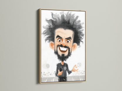 A framed soccer coach caricature art print is displayed in an oak frame. This sports artwork is a great cartoon canvas print for any sports fan. It makes a unique gift for him or any soccer coach.