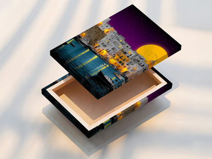 This stretched canvas print of the coastal village artwork. It is ready to hang and enjoy. The Mediterranean harbor scene wraps around the edges. The teal and yellow hues bring coastal charm to any living room bedroom or office space.