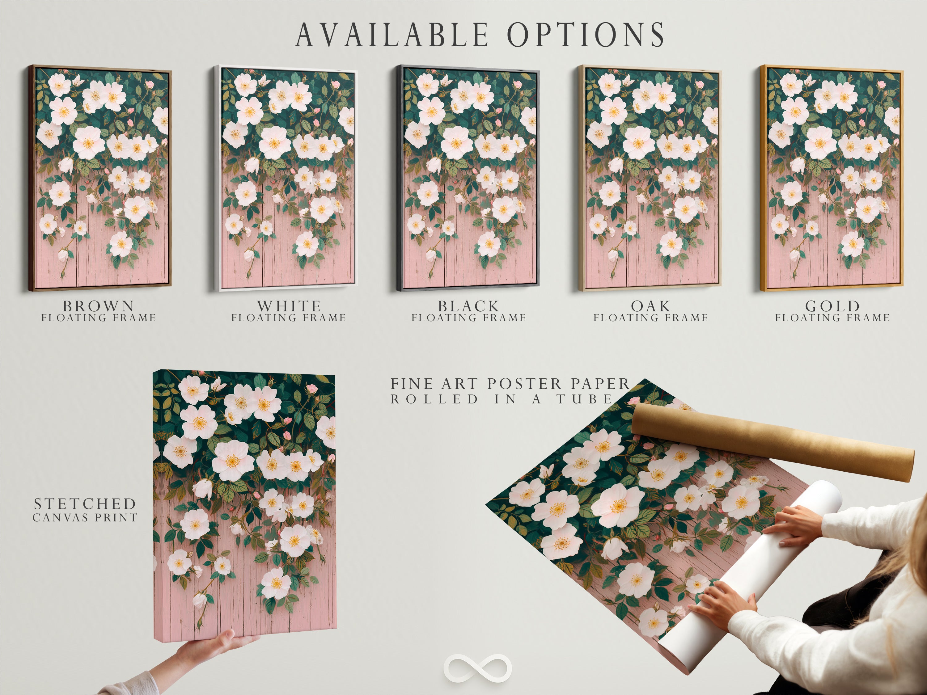 Available options include stretched canvas prints. Also fine art poster paper and floating frames. Select your preferred format to display this artwork. The artwork features white flowers and botanical details. Perfect for any style of home decor.