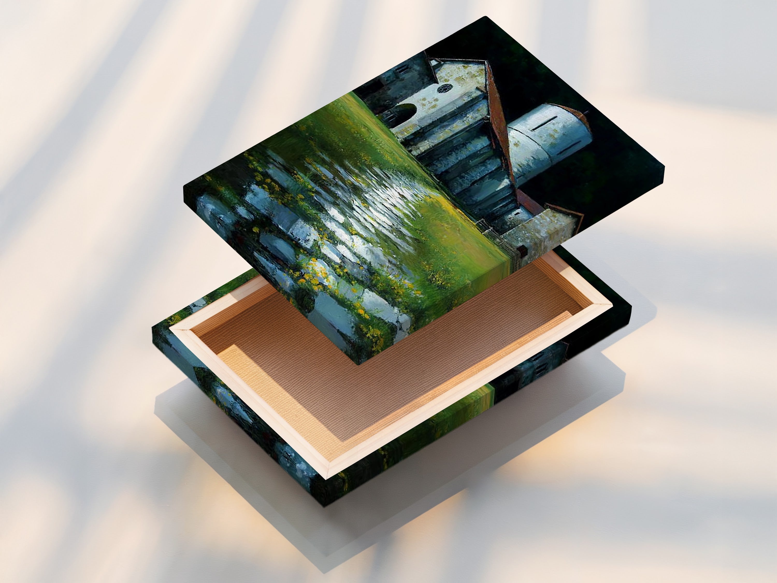 A stretched canvas print of the church tower artwork. This rustic wall art is perfect for business owners. The vintage canvas adds a touch of history. This architectural art is perfect for interior designers