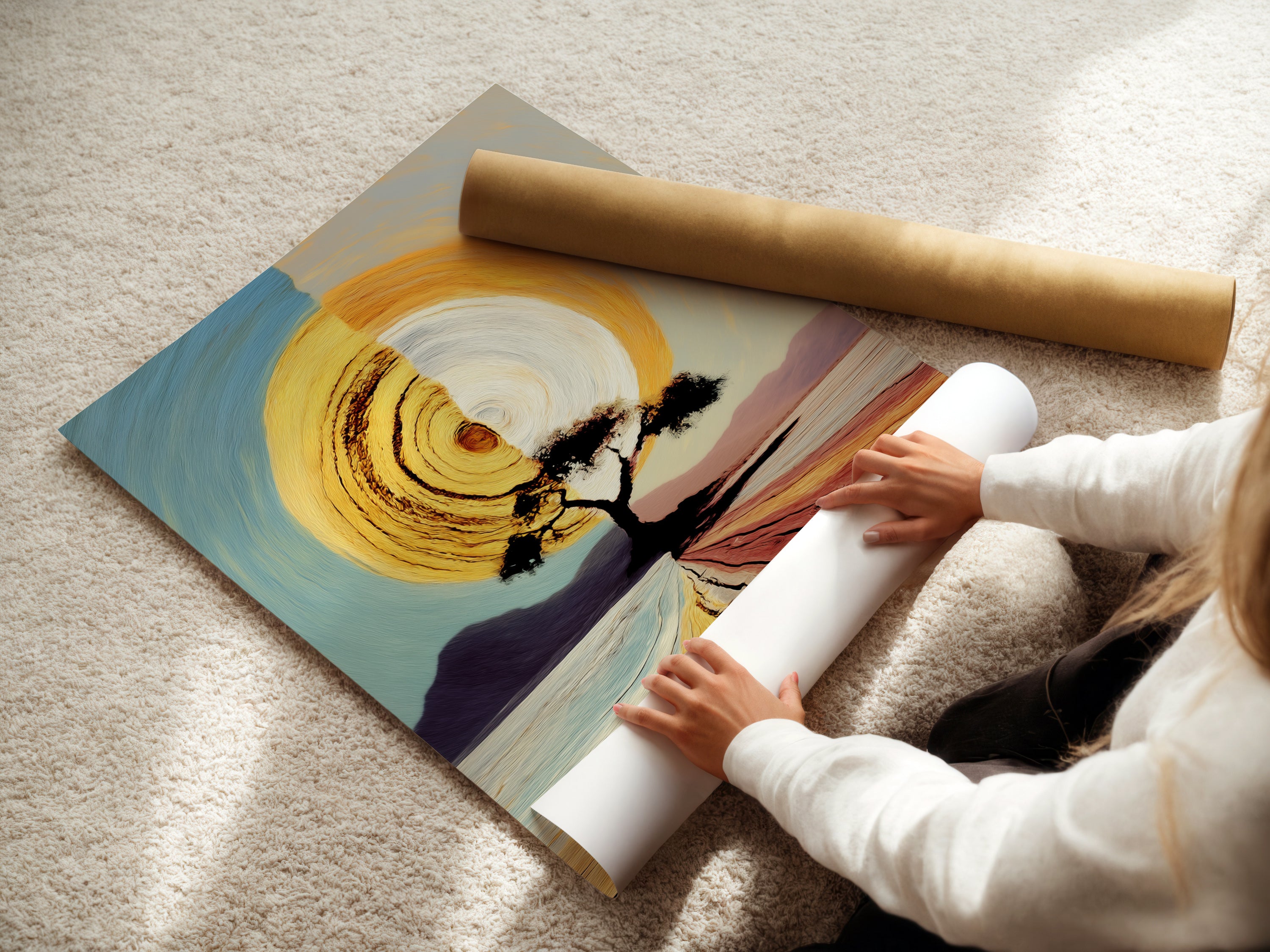 A woman carefully handles a fine art poster paper. The high quality poster paper ensures a vibrant and lasting print. This fine art paper is perfect for golden sun prints and abstract art. Bring the beauty of nature into your space with a stunning art poster.