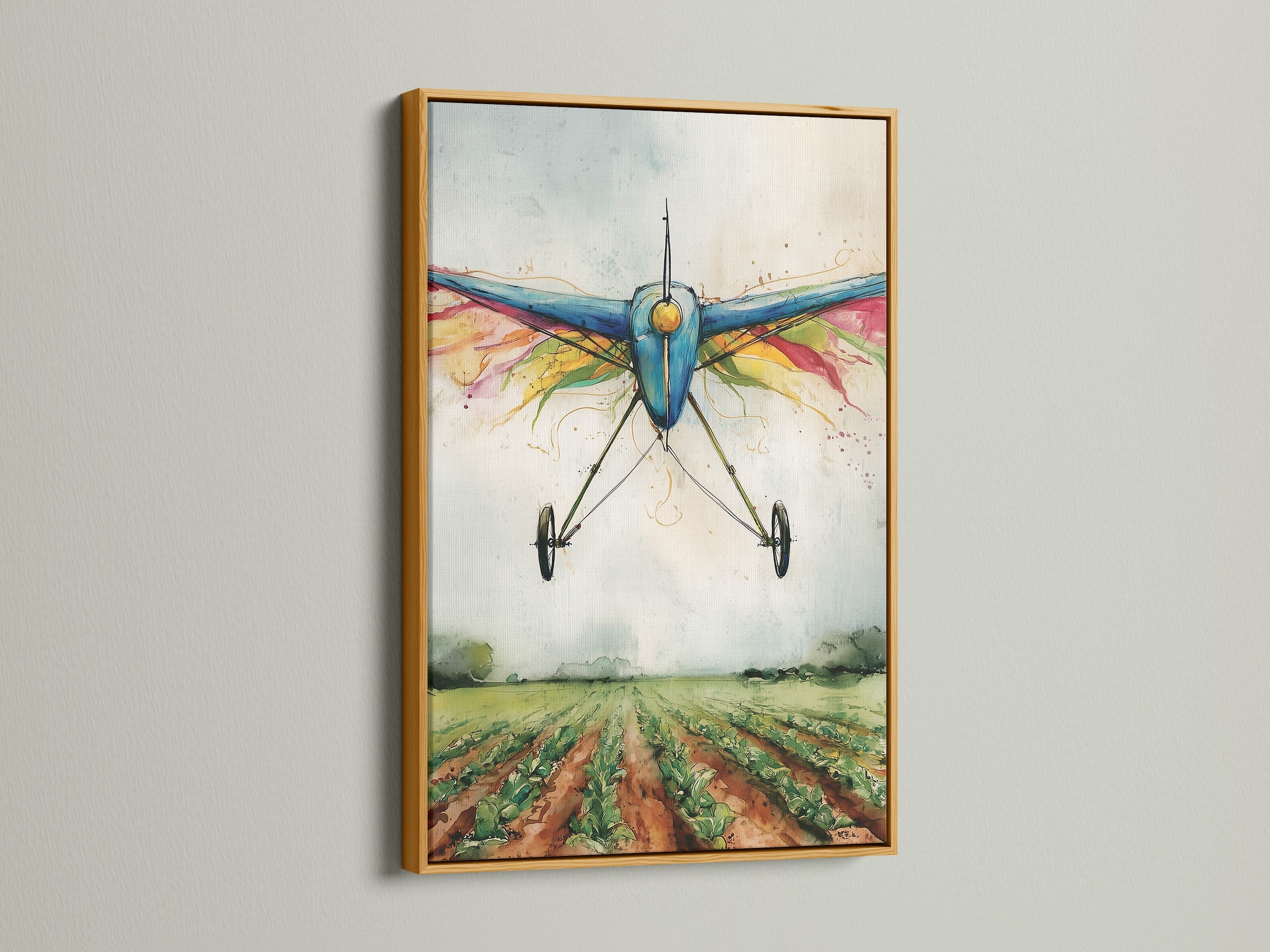 A gold frame showcases a watercolor airplane artwork print. This vintage biplane art exudes elegance. The artwork features the plane over a field. Perfect for adding a luxurious touch to any space or gifting.