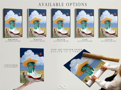 Available options for the Cowgirl Boots art. Choose from a stretched canvas print. Opt for fine art poster paper or a floating frame. Perfect for customizing your western wall decor. Enhance your countrycore farmhouse.