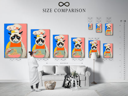 A size comparison chart shows the chef cat artwork in an interior. This funny kitchen print is a colorful pop art poster for the dining room. This elevated wall art will fit modern styles.