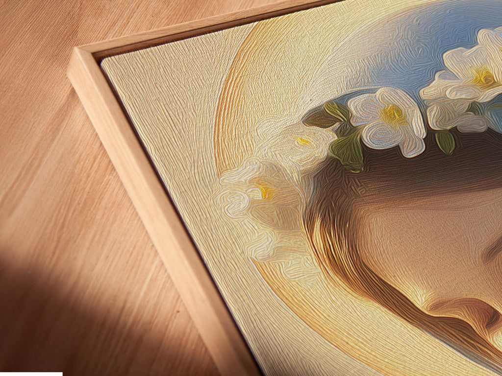 A close-up shot shows a canvas print in a floating frame. The angle highlights the texture and depth of the artwork. This framing option adds a modern touch to your religious wall art. The floating frame enhances the spiritual artwork. It provides a unique way to display your art.