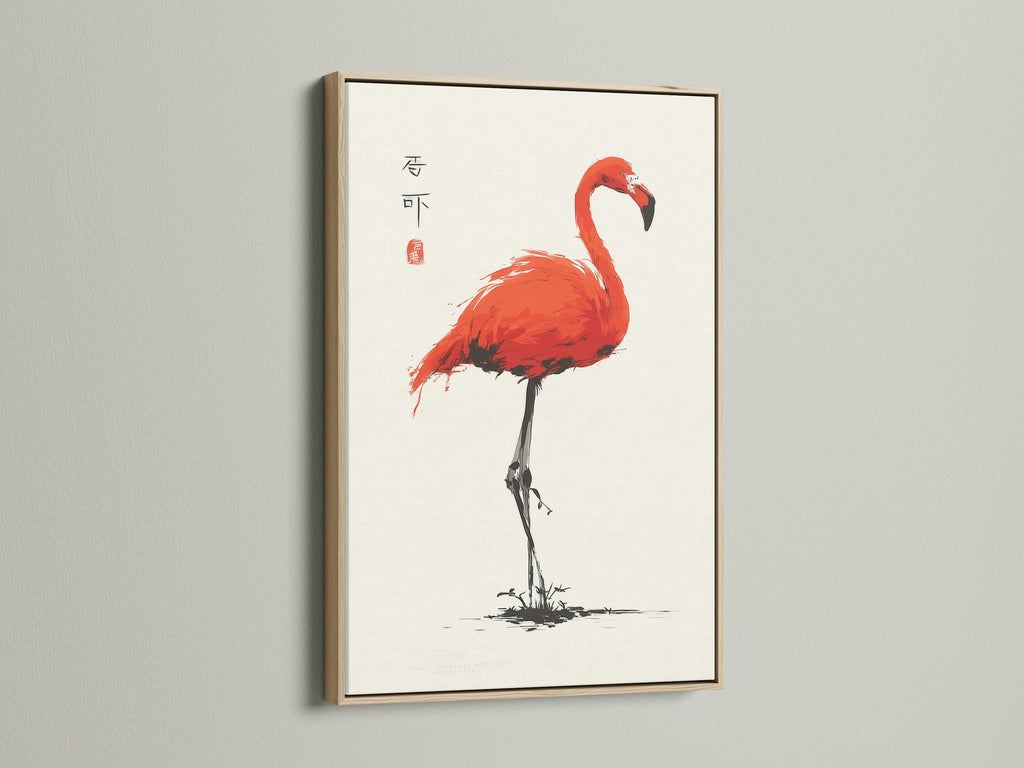 The red flamingo artwork is showcased in an oak frame. The frame enhances the artwork's oriental charm. It provides a natural aesthetic. Ideal for homeowners seeking Asian-inspired wall decor. It complements minimalist and modern spaces.