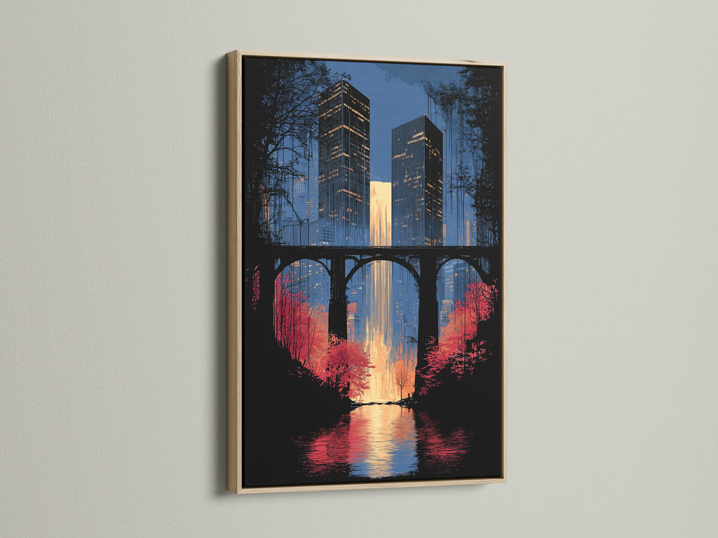 Cityscape canvas print in an oak frame. This urban wall art showcases a waterfall design. It's perfect as modern office art or city wall decor. The oak frame enhances the contemporary style of the skyscraper print. The artwork is ideal for minimalist interiors.