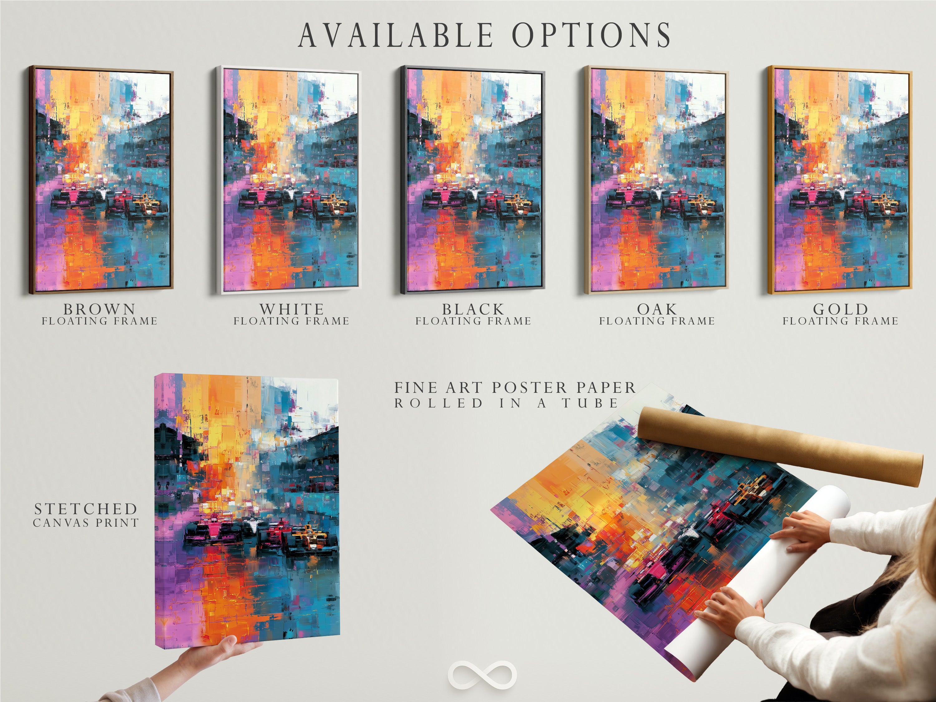This image showcases available art options. Options include a stretched canvas print. Also a fine art poster paper and a floating frame. Choose the best option for your style. Elevate your artwork with framing.