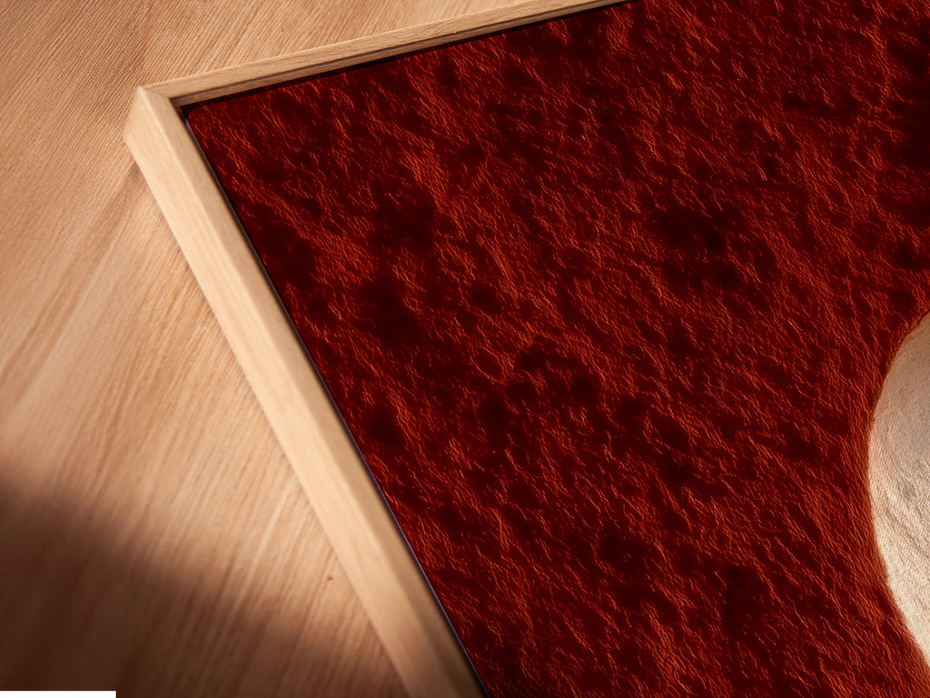 A close-up angled view of a canvas print in a floating frame. This showcases the artwork's depth and texture. Perfect for those appreciating fine details. This modern southwest decor adds sophistication. It is ideal for interior decorators.