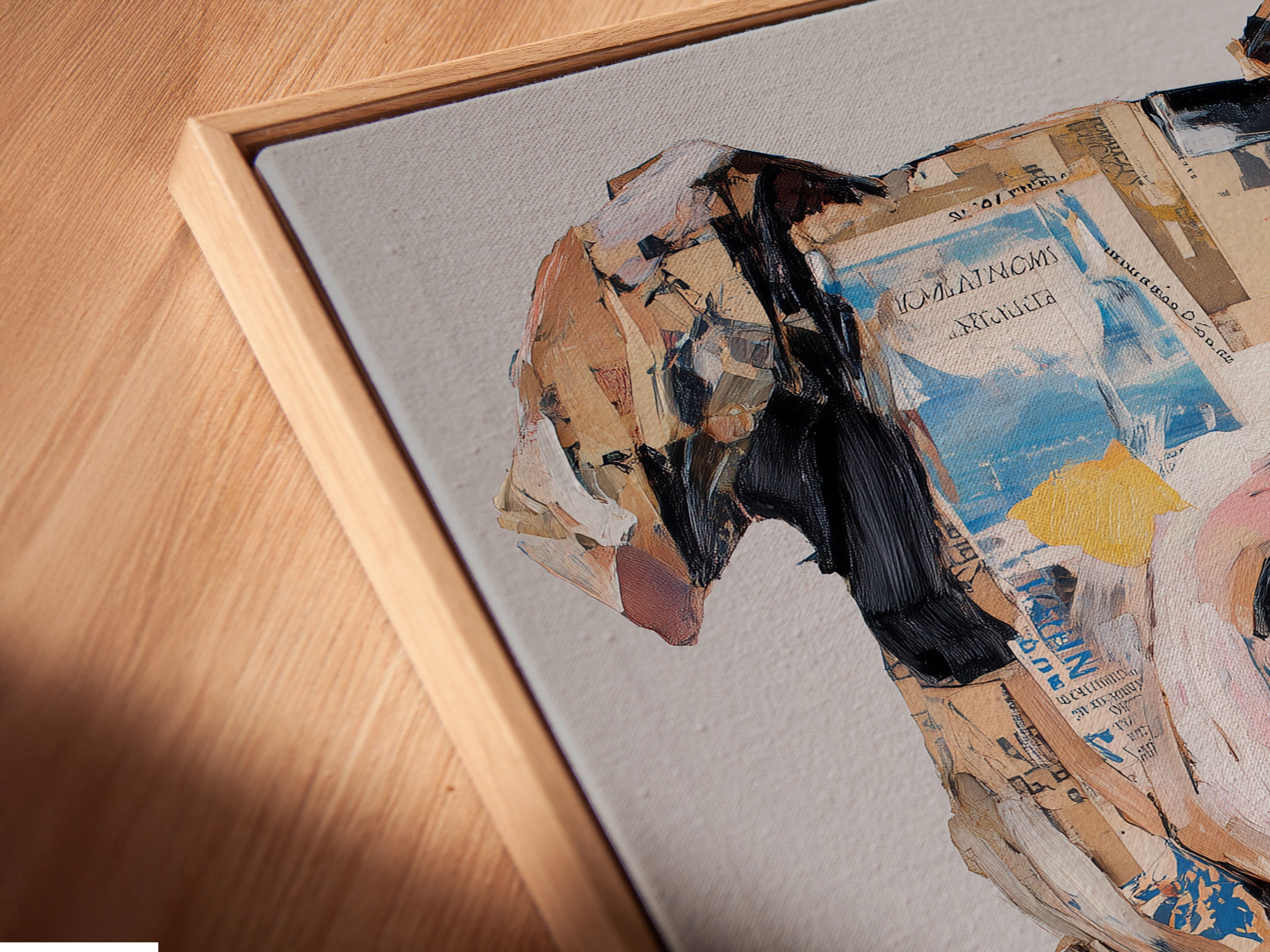 Close-up angled view of a canvas print in a floating frame. Dog portrait art shown in detail. The mixed media print highlights the texture. This quirky animal canvas art is perfect for unique office decor. A modern touch for any space.