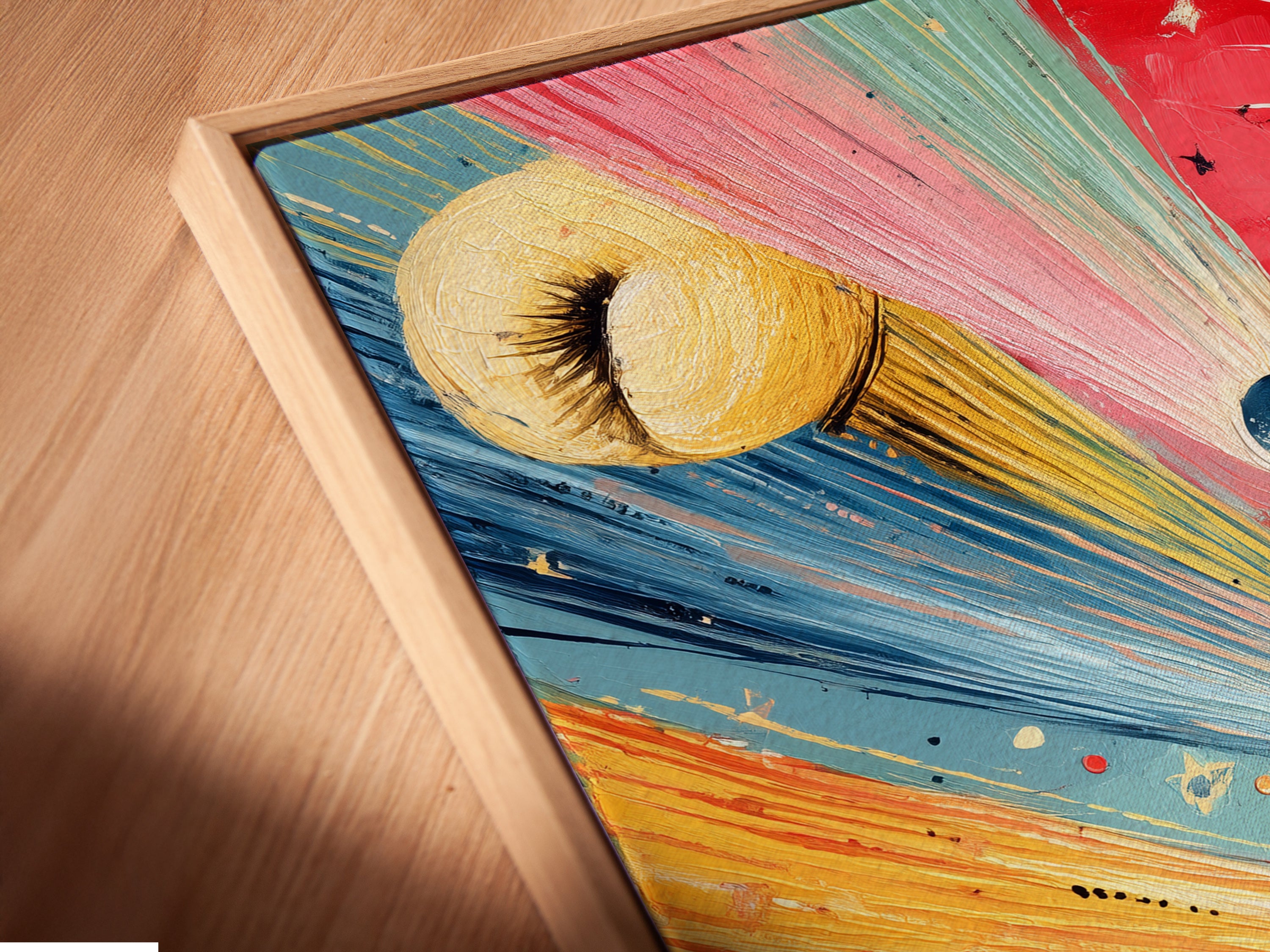 Close-up angled view of a canvas print in a floating frame. The floating frame gives the art a modern look. The abstract boxing art is perfect for gym decor. This sports artwork is a unique gift for boxers. The red blue and yellow colors add vibrancy. The floating frame enhances the artwork's depth. Add a modern touch to your space.