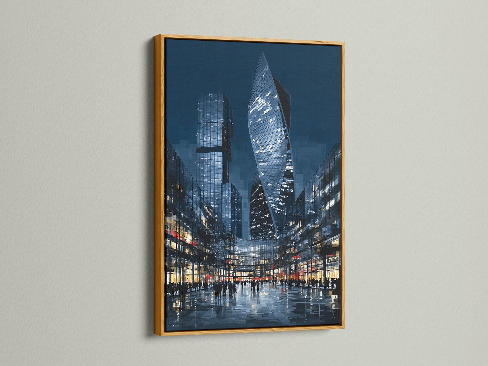 The gold frame adds a touch of elegance to the blue night cityscape. This urban wall art is a modern canvas print. It is suitable for a luxurious office decor. The gold frame enhances the skyscraper art. Elevate your space with this piece.