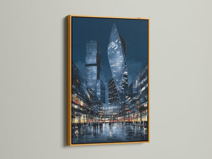 The gold frame adds a touch of elegance to the blue night cityscape. This urban wall art is a modern canvas print. It is suitable for a luxurious office decor. The gold frame enhances the skyscraper art. Elevate your space with this piece.