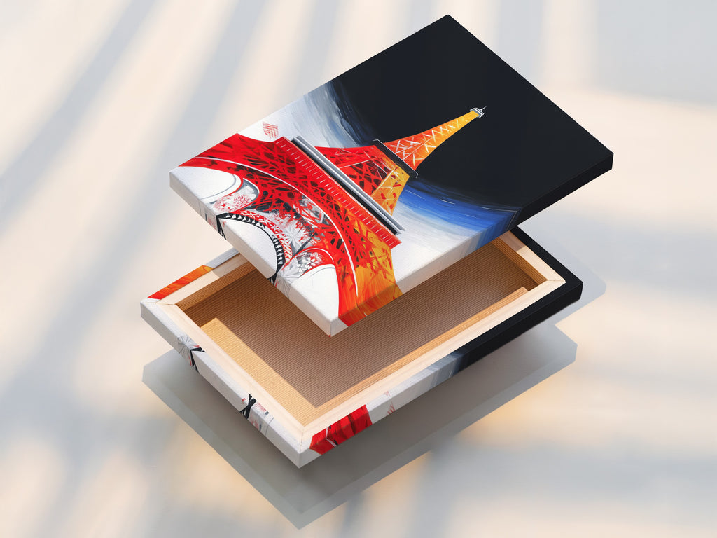 A stretched canvas print of the Eiffel Tower artwork is displayed. Our stretched canvas prints are ready to hang. The vivid colors and quality materials bring your artwork to life. Transform your living space with our premium canvas prints.