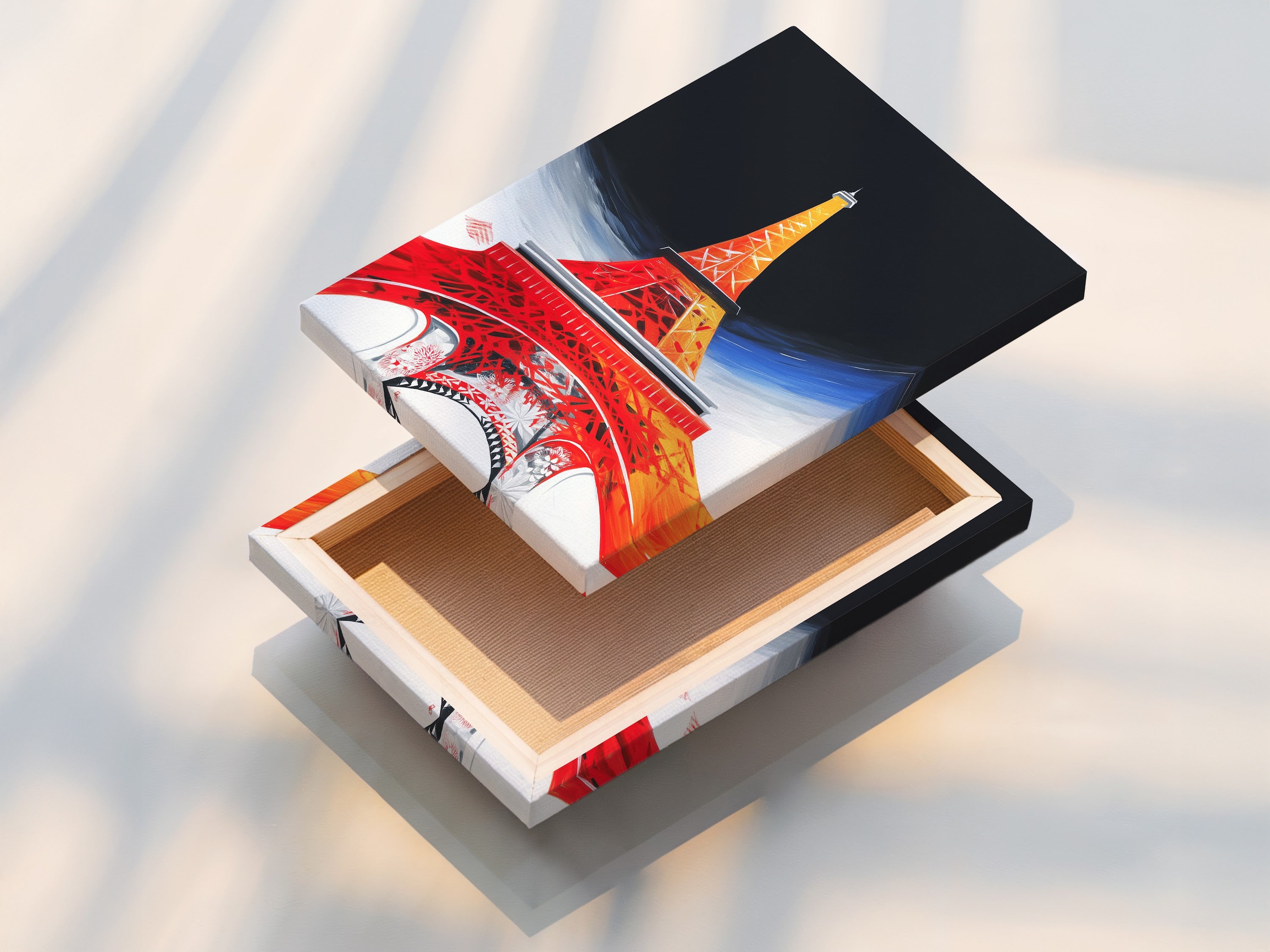 A stretched canvas print of the Eiffel Tower artwork is displayed. Our stretched canvas prints are ready to hang. The vivid colors and quality materials bring your artwork to life. Transform your living space with our premium canvas prints.