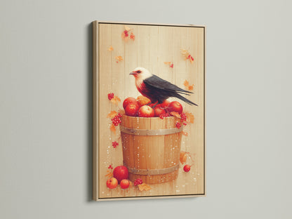 Bird and Apples canvas print with an oak frame. This autumn harvest wall art is perfect for adding a rustic touch to your kitchen. It is a charming addition to any farmhouse-style home. The print features a bird on a bucket filled with red apples. The oak frame enhances its warm and inviting feel.