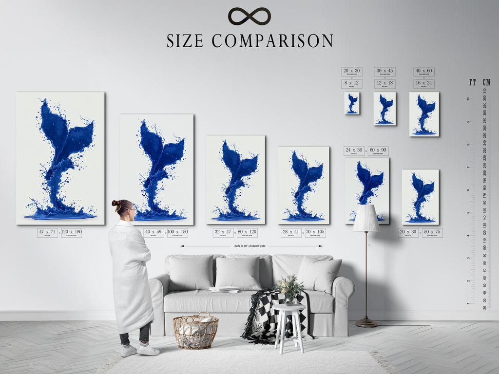 A size comparison chart is shown in an interior setting. The chart helps visualize the scale of the cobalt blue whale tail artwork. See how different sizes fit perfectly in your space. Plan your nautical decor.