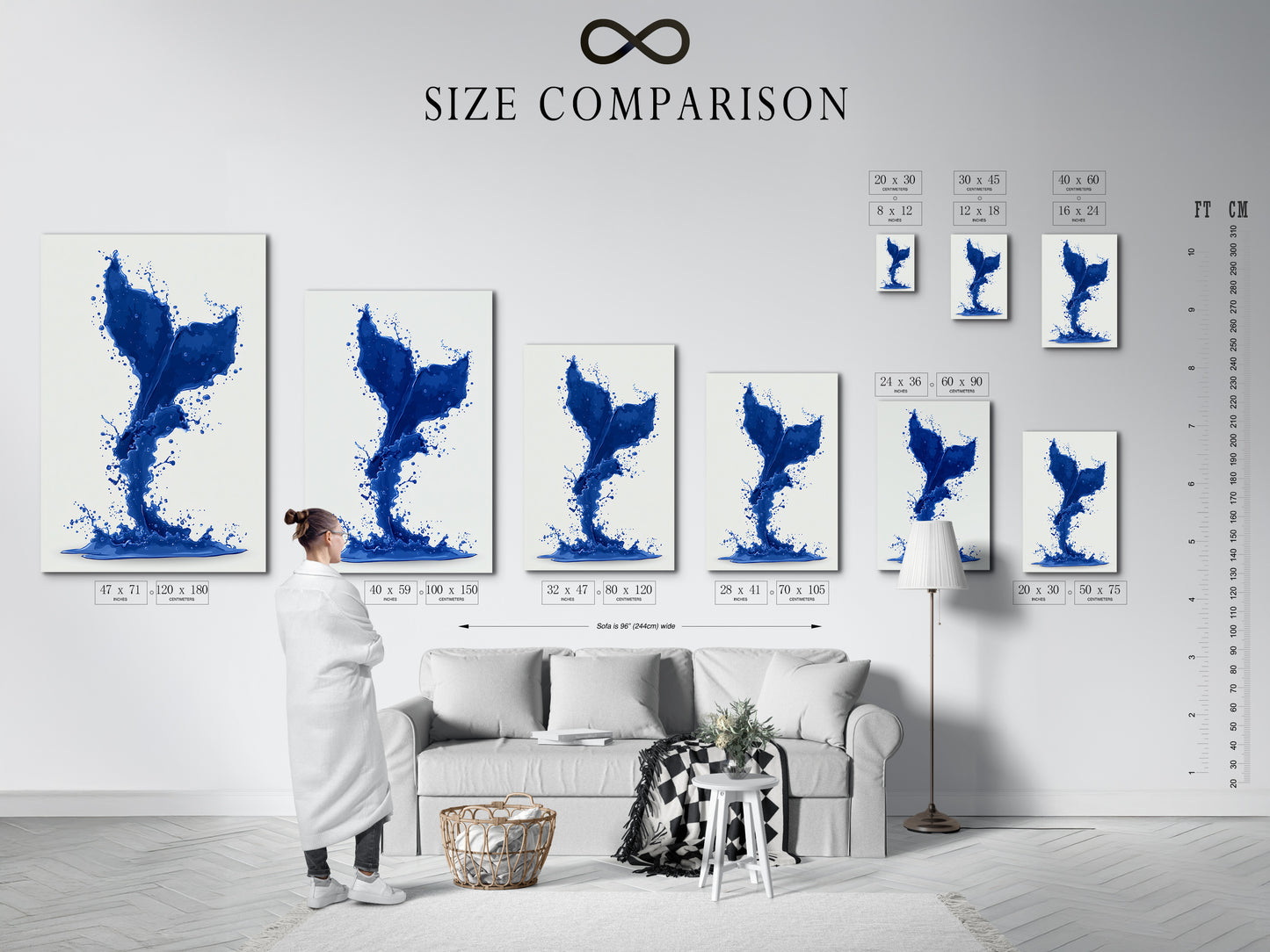 A size comparison chart is shown in an interior setting. The chart helps visualize the scale of the cobalt blue whale tail artwork. See how different sizes fit perfectly in your space. Plan your nautical decor.