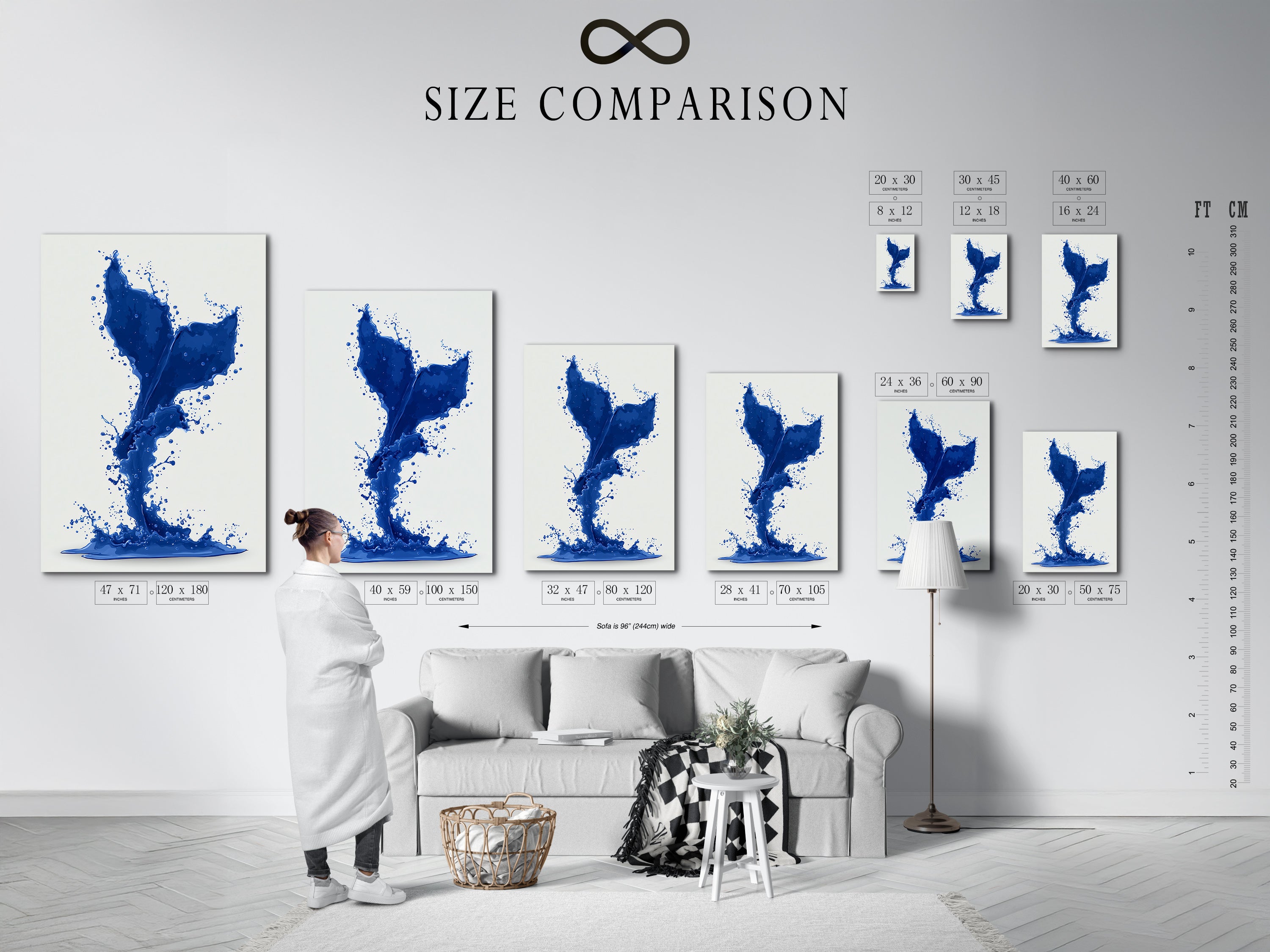 A size comparison chart is shown in an interior setting. The chart helps visualize the scale of the cobalt blue whale tail artwork. See how different sizes fit perfectly in your space. Plan your nautical decor.