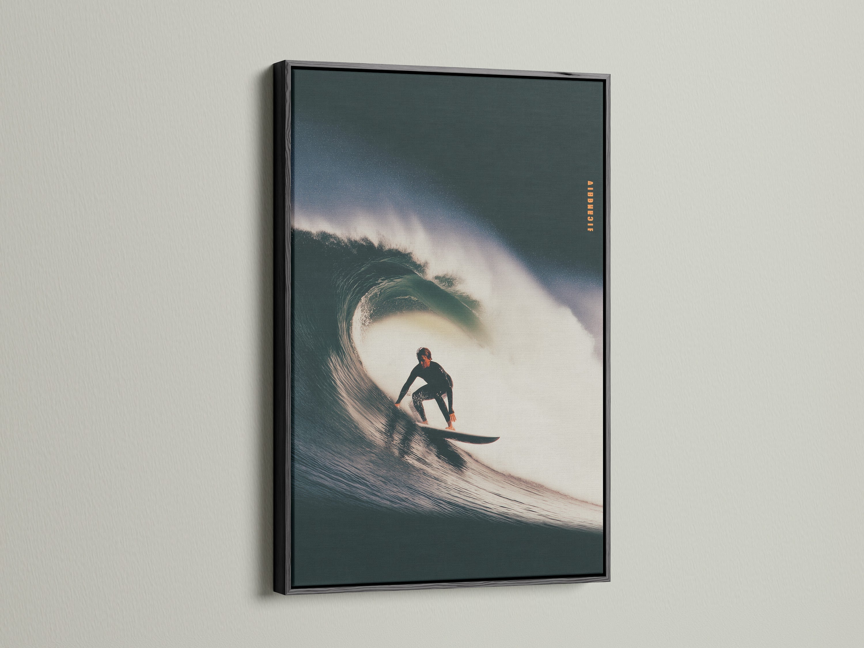 A black frame displays surf artwork. The art is mounted on a white wall. The black frame provides a bold contrast. It makes the artwork pop. This frame creates a statement. It is ideal for modern interiors.