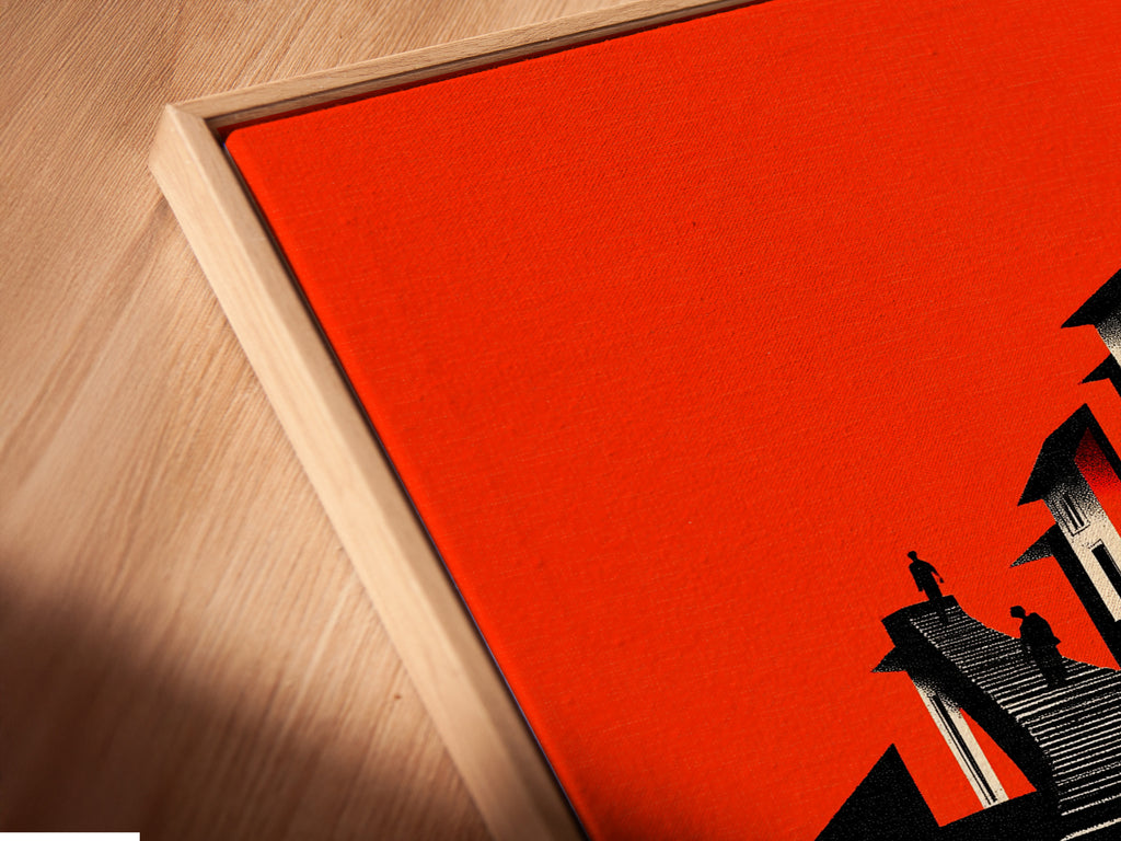 Close-up of a canvas print featuring the Architectural Stairs artwork in a floating frame. The bold orange modern wall art stands out. The geometric building canvas adds depth and sophistication. Ideal for contemporary office wall art and modern home decor. Enhance your art collection today.