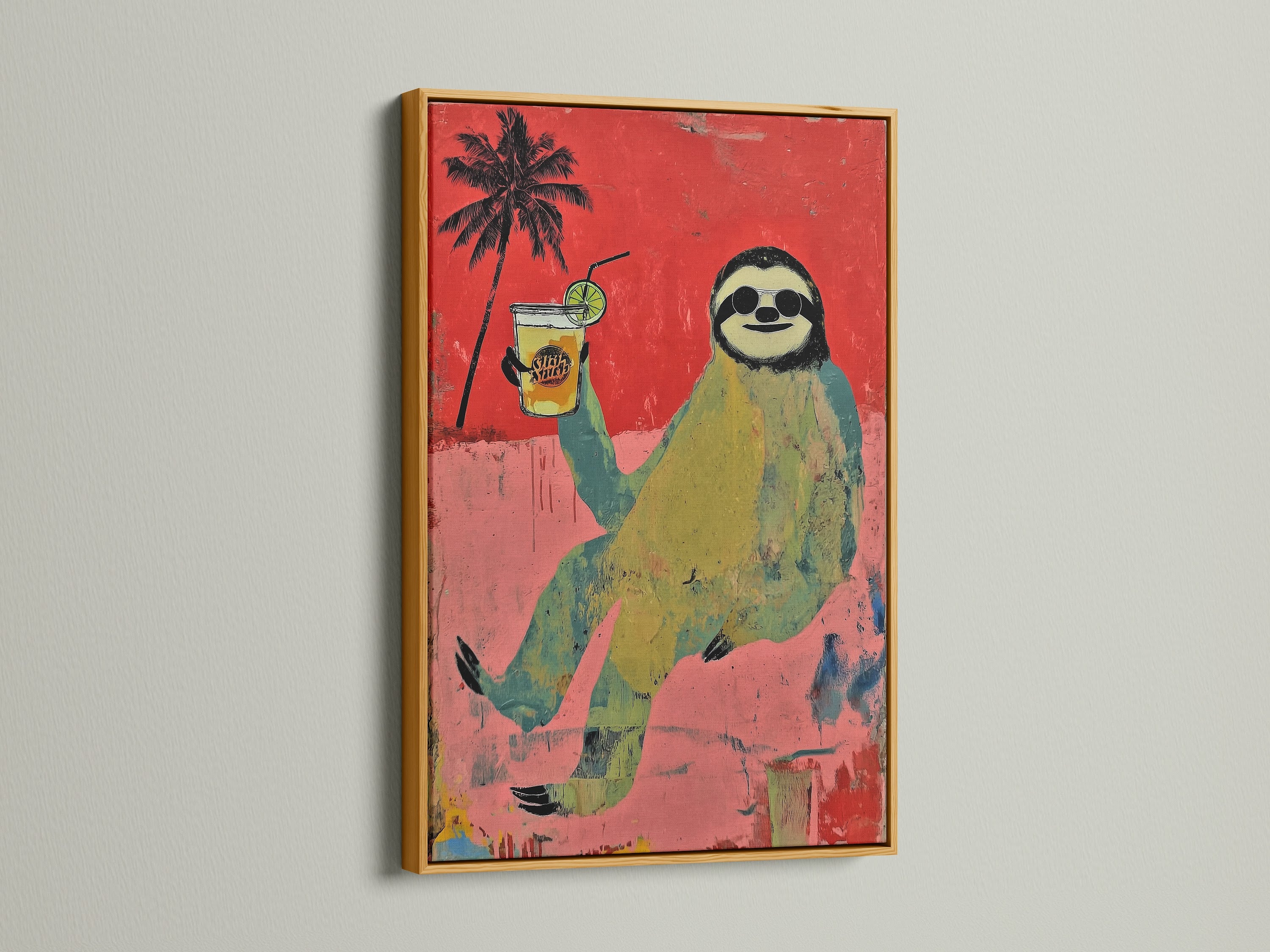 This gold frame highlights a vibrant sloth art print. The coral wall art complements tropical decor beautifully. It is ideal for creating a lively atmosphere. Consider this summer wall decor for a playful touch.