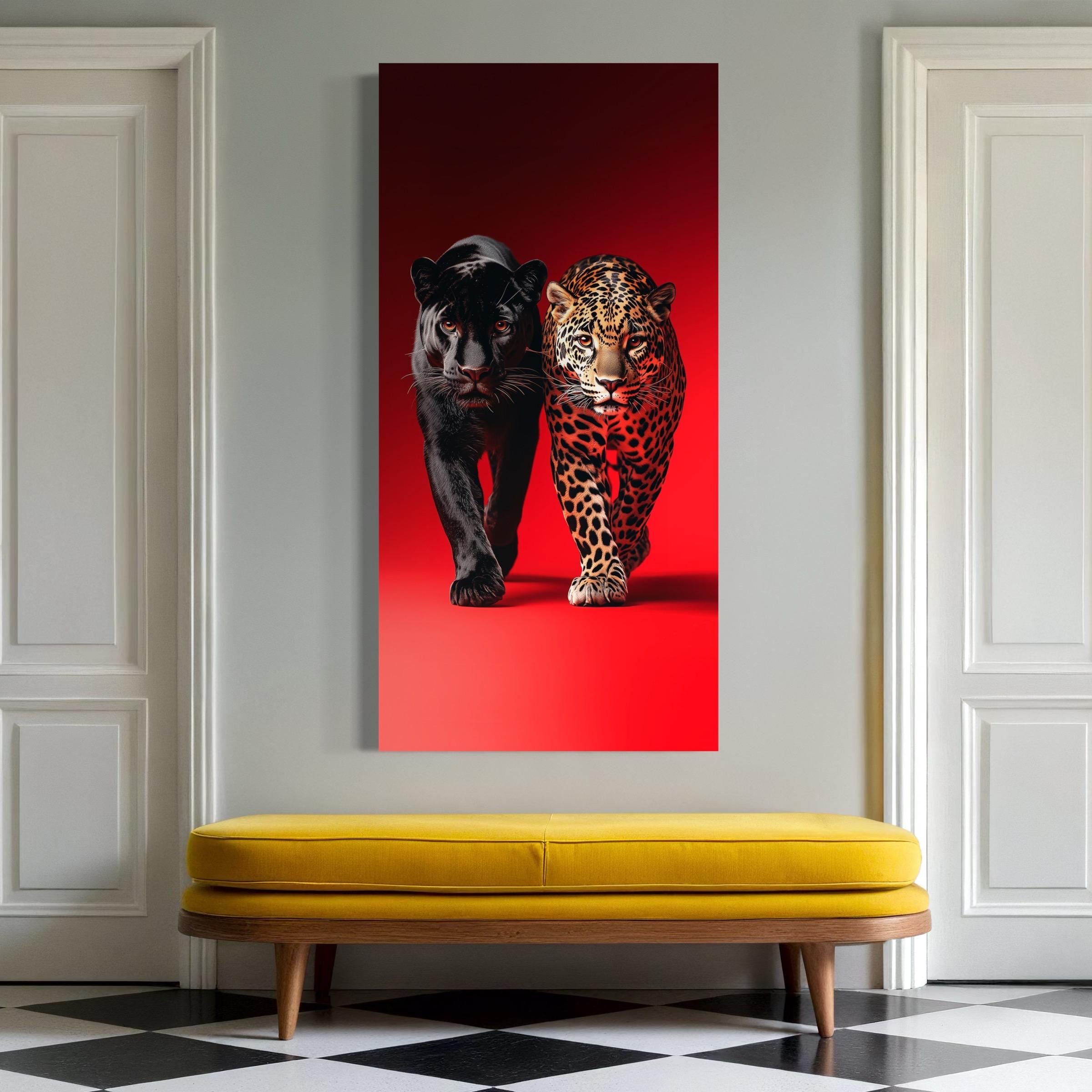 Zwarte Panter &amp; Luipaard Muurkunst - Levendig Rood Wildlife Canvas Kunst, Hedendaagse Kunstdruk, Wildlife Fotografie Print, Wilde Grote Katachtige Kunst
