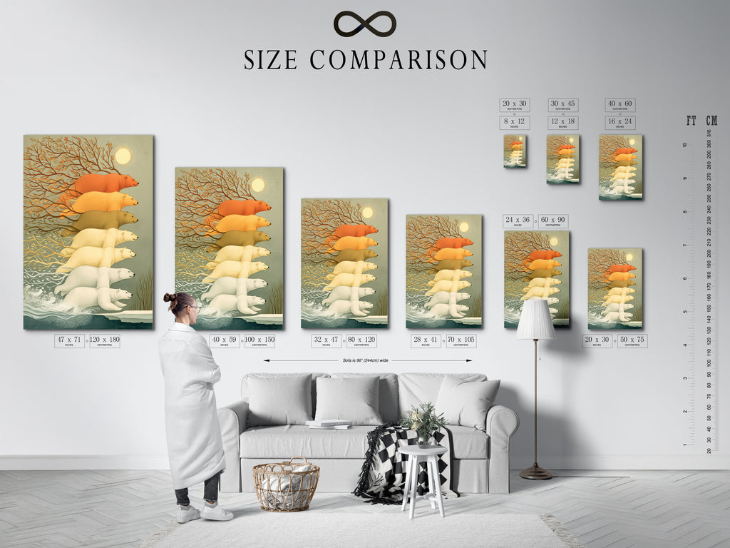 Size comparison chart of the polar bear artwork displayed in a stylish interior setting. This arctic wildlife canvas is perfect for a nursery or study room. The beige and gray tones complement contemporary styles. Great wall decor for childcare providers and children's hospitals.