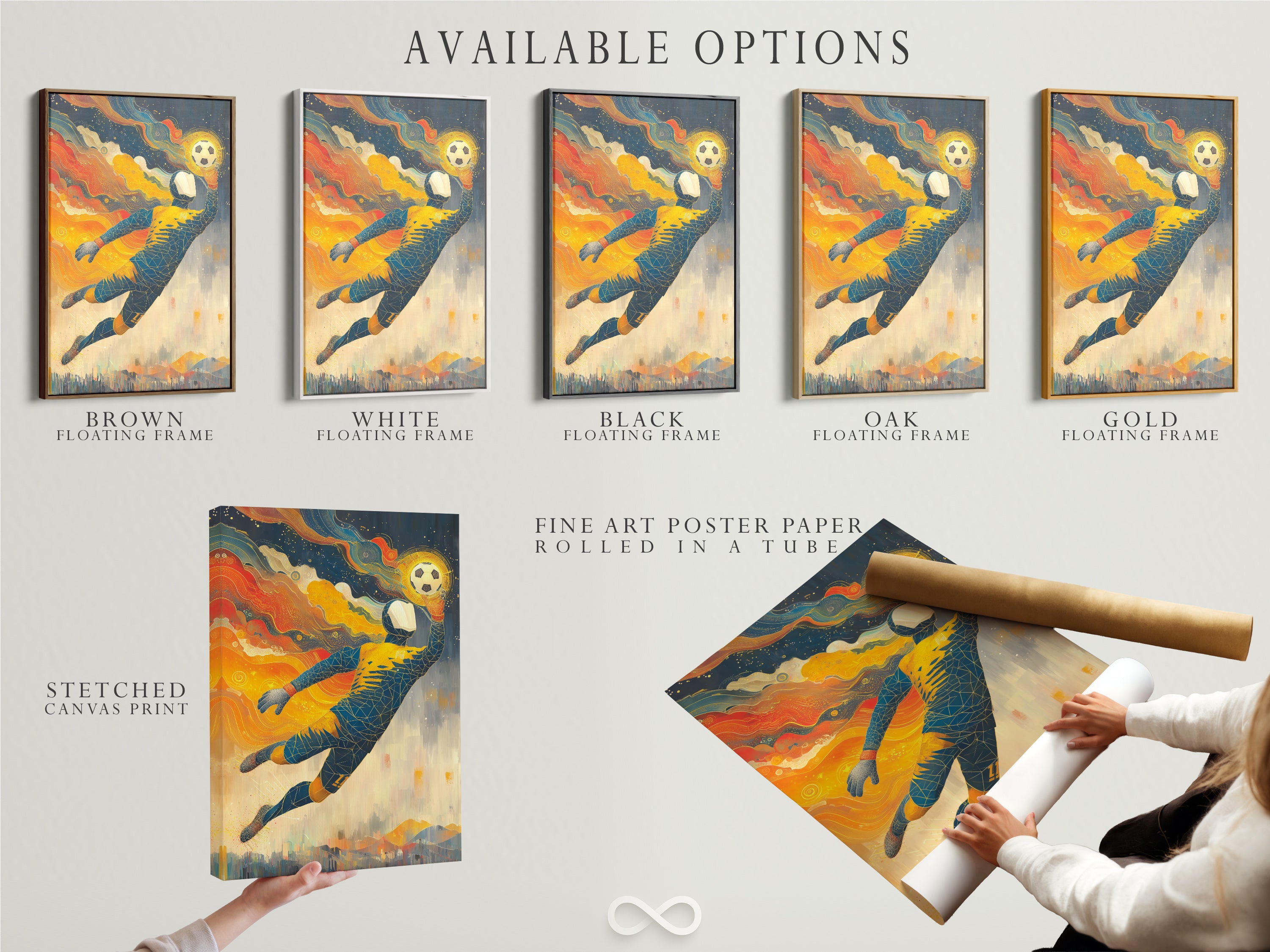 Available options are shown including a stretched canvas print fine art poster paper and floating frame. The soccer goalkeeper artwork is versatile. This sports wall decor is perfect for any style. Customize your football player poster. Choose what fits best for your space.