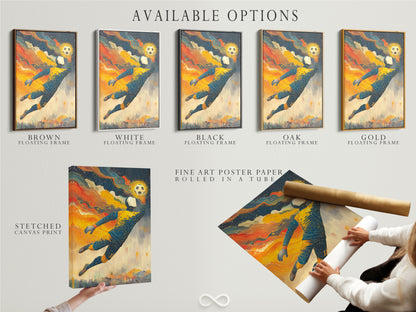 Available options are shown including a stretched canvas print fine art poster paper and floating frame. The soccer goalkeeper artwork is versatile. This sports wall decor is perfect for any style. Customize your football player poster. Choose what fits best for your space.