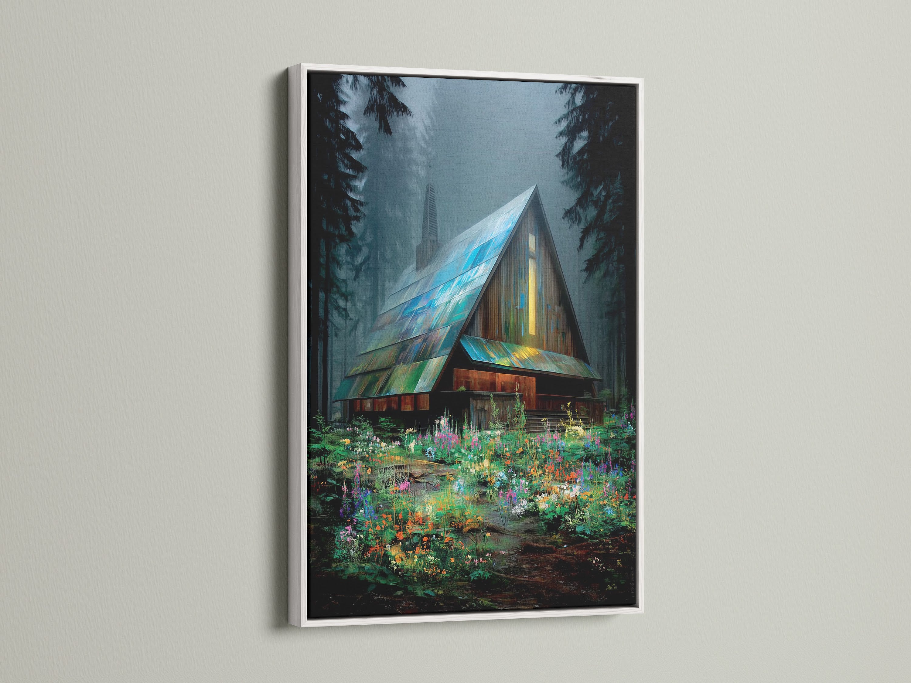 The art is a cabin in woods canvas print. The scene is forest scenery wall art. It is within a white frame. A colorful floral landscape is featured. Enhance your bedroom wall decor with this nature canvas.
