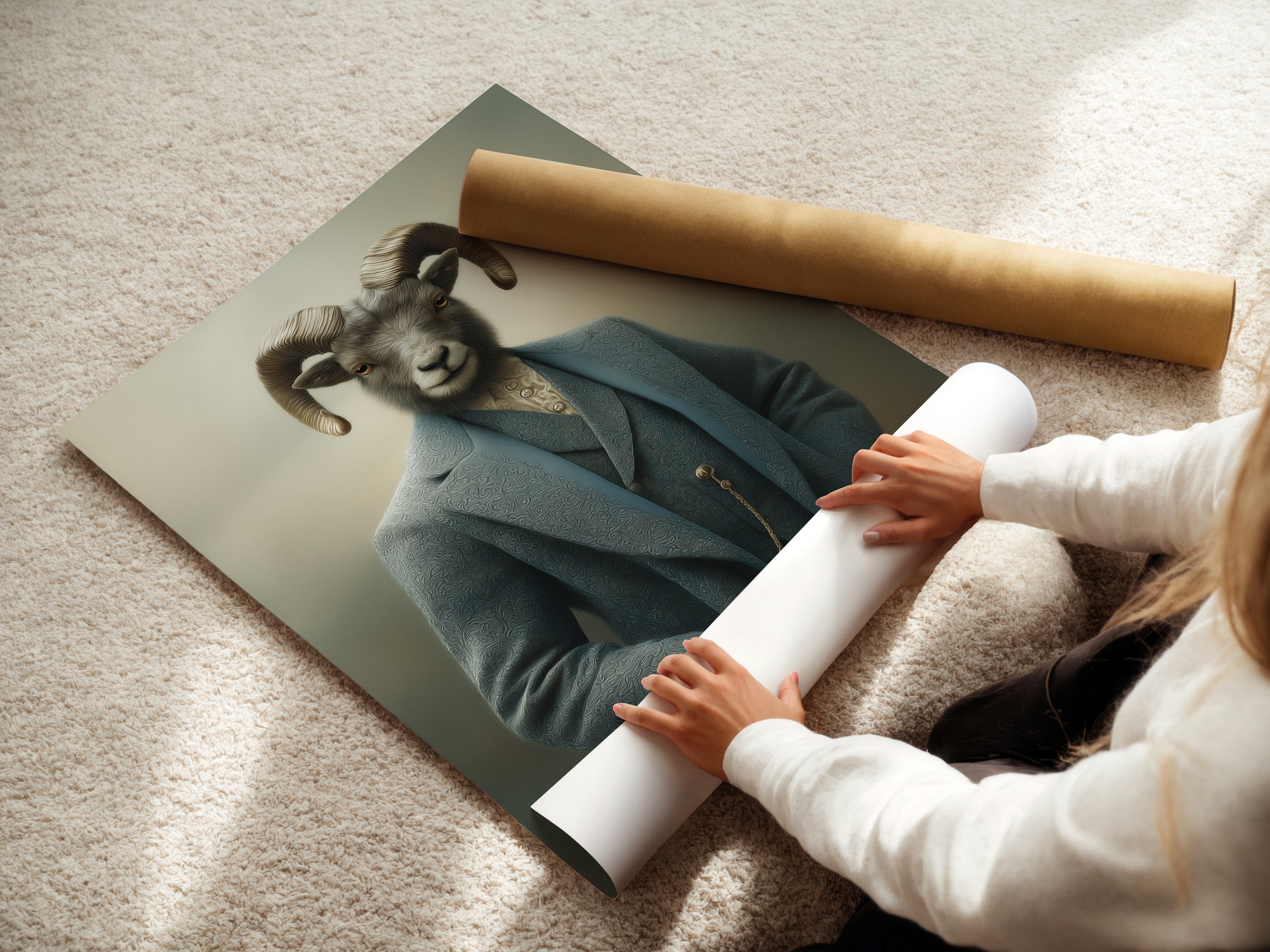 A woman is carefully rolling a fine art poster paper featuring the Ram Portrait art. This highlights the care and quality of the fine art poster paper. This artwork is perfect for adding a touch of sophistication to your decor. It is a great conversation piece.