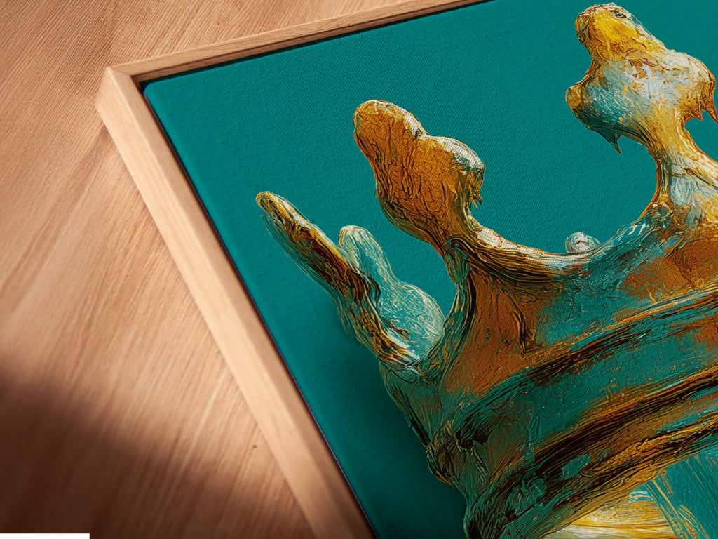 Angled close up of a canvas print in a floating frame. The artwork features a crown with dripping paint or glaze. The colors are gold blue and teal. The floating frame gives the art a modern gallery look. This artwork is ready to hang and enjoy.