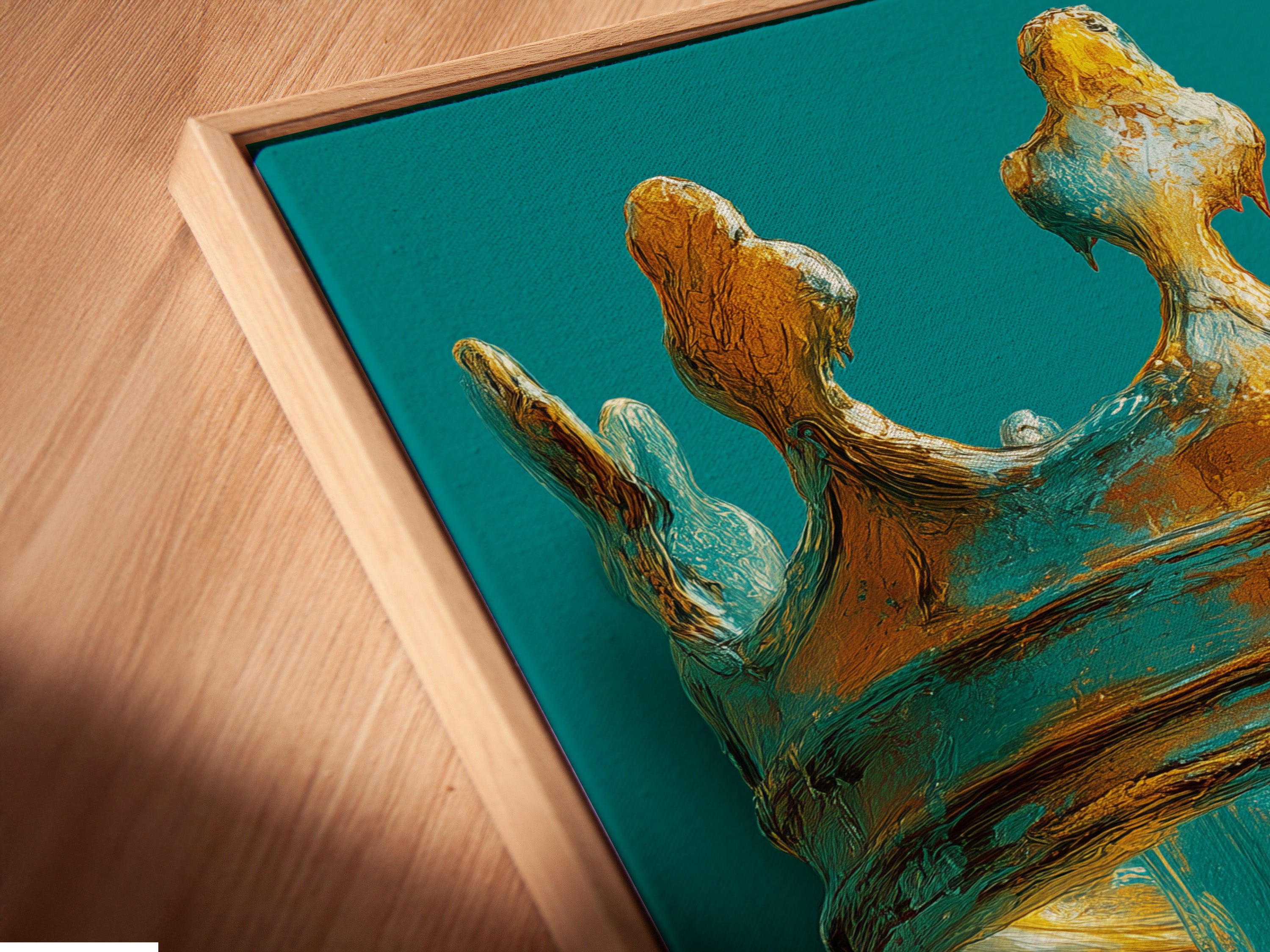 Angled close up of a canvas print in a floating frame. The artwork features a crown with dripping paint or glaze. The colors are gold blue and teal. The floating frame gives the art a modern gallery look. This artwork is ready to hang and enjoy.