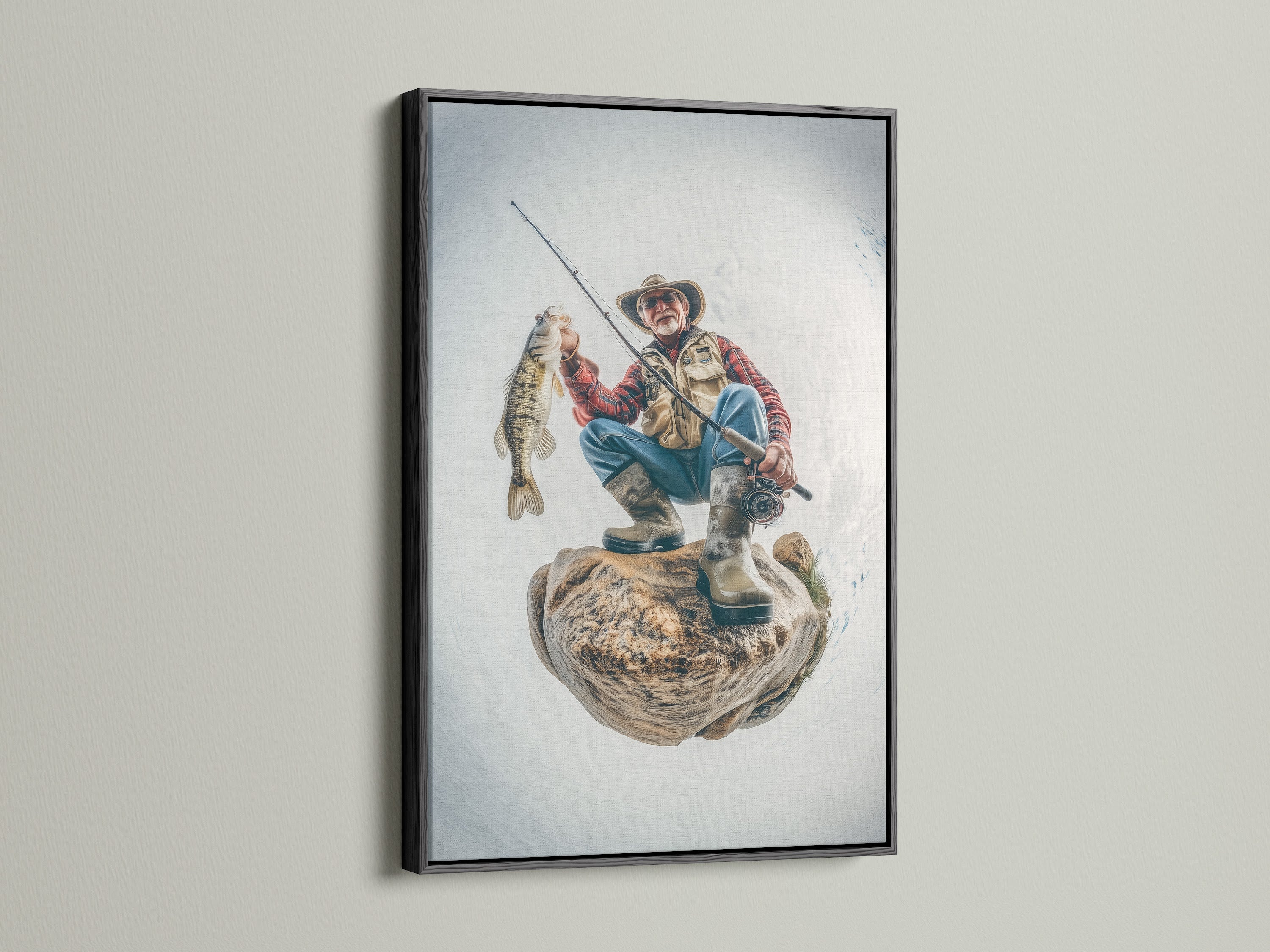 Artwork featuring a fisherman is powerfully displayed in a black frame. The black frame adds a bold statement to the artwork. This framed artwork creates a focal point in any room. Shop now and make a statement!