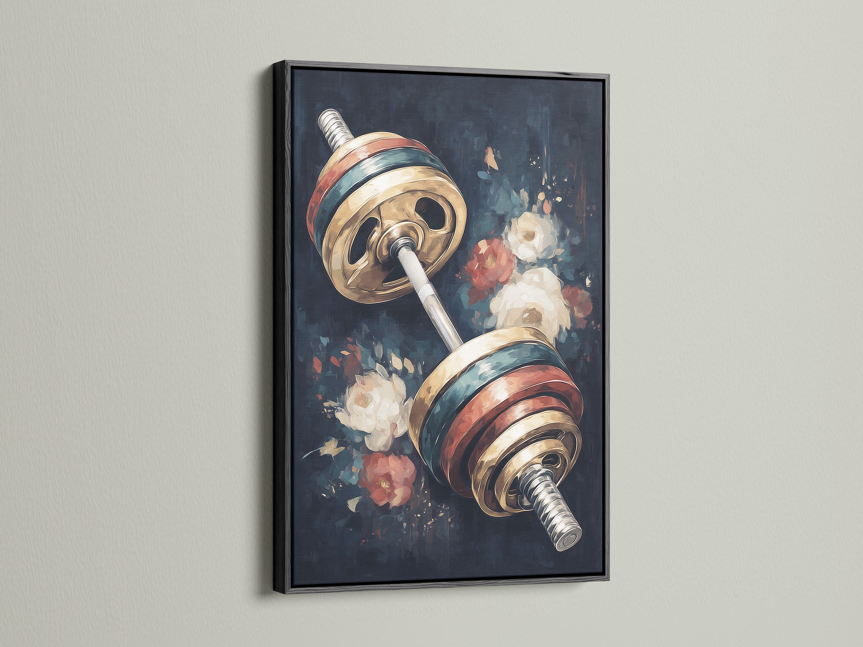 Vintage barbell art print with a sleek black frame. Ideal for a modern gym decor this workout room art stands out. The black frame adds a bold statement to your fitness motivation.